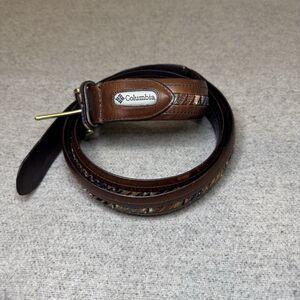 Columbia Belt 44" Brown Leather Whip Stitch Southwest VTG 90's Outdoor Active